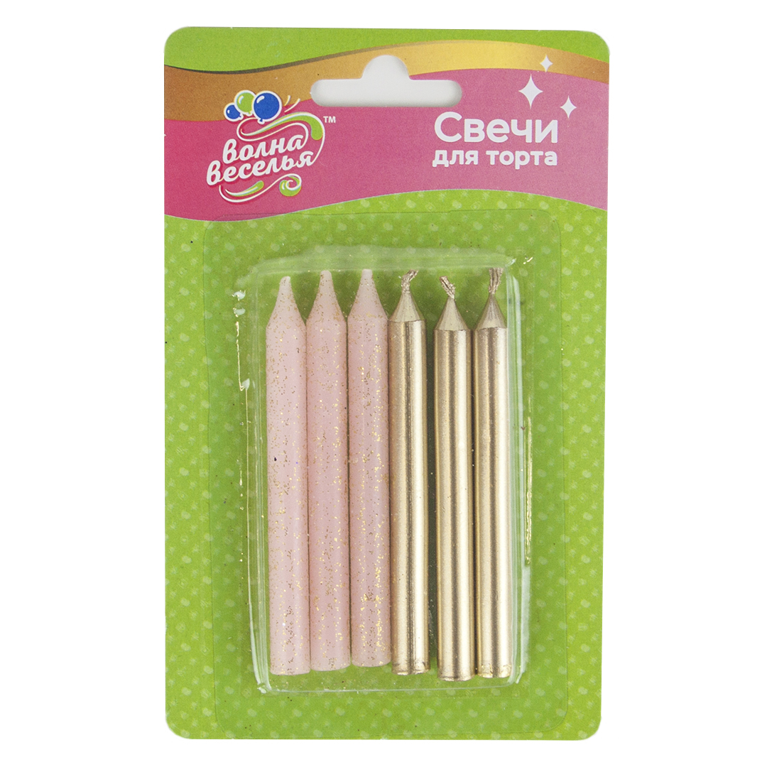 Свечи Золото;Розовый, Металлик, с блестками, 0,8х8 см, 6 шт, 620186GP