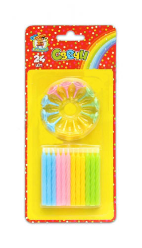 Свечи для торта с подставками 'Весёлая радуга', 24 шт., Миленд, картон. уп., европодвес, С-0467
