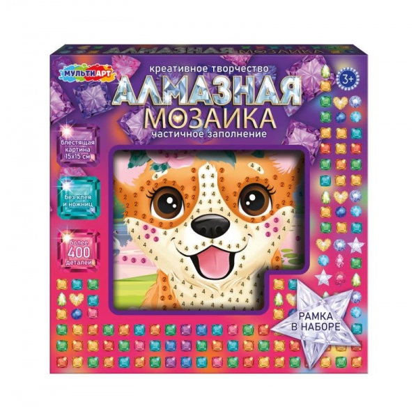 Алмазная мозаика 15х15 см, Корги с цветами, МУЛЬТИ АРТ, 394817