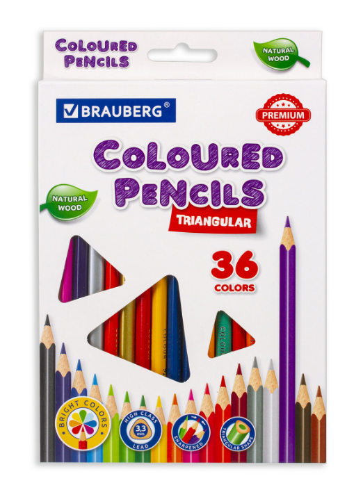 Карандаши цветные BRAUBERG PREMIUM, 36 цветов, трехгранные, грифель 3,3 мм, 181654