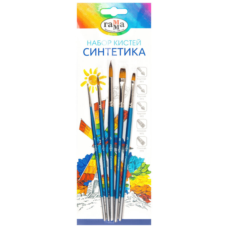 Набор кистей Гамма 'Классические' 5 шт, синтетика, круглые №1, 3, 5, плоские №5, 8, 280618.09.06