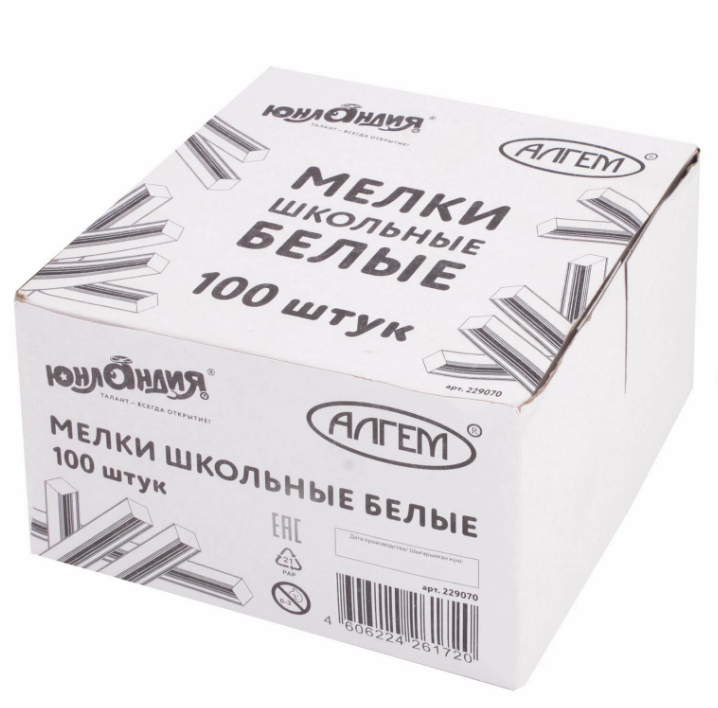 Мел белый квадратный 100 штук, ЮНЛАНДИЯ (Алгем), картонная упаковка, 229070