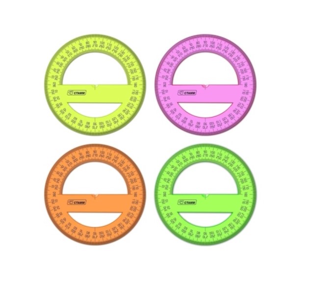 Транспортир 12 см 360`, 'СТАММ', прозрачный, неоновые цвета, ТР51