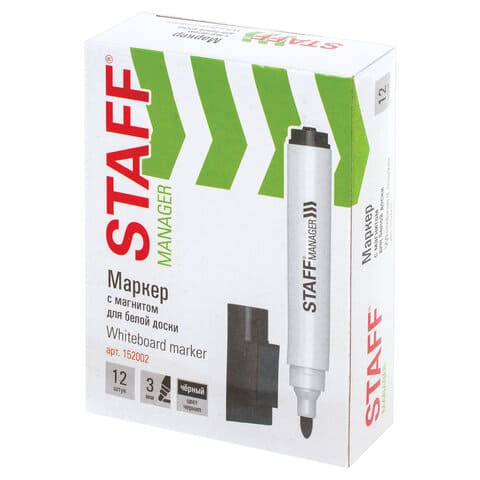 Маркер стираемый для белой доски на магните со стирателем, ЧЕРНЫЙ, STAFF 'Manager', 3 мм.,152002
