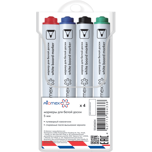Набор маркеров для белой доски 'Attomex', 4 цв, 5 мм, круглый корпус , пулевидн. наконечник, 5040604