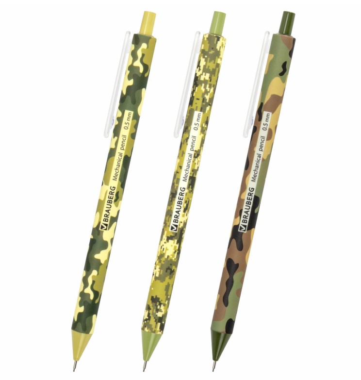 Карандаш механический 0,5 мм, BRAUBERG SOFT PRINT MILITARY, HB, корпус soft-touch ассорти, 181959