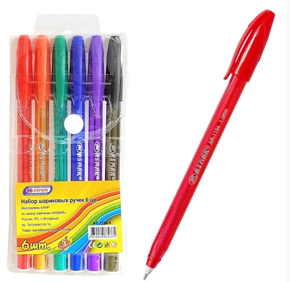 Набор шариковых ручек 6 цветов, трехгранный корпус, пластиковая уп., европодвес, AR-1194-6