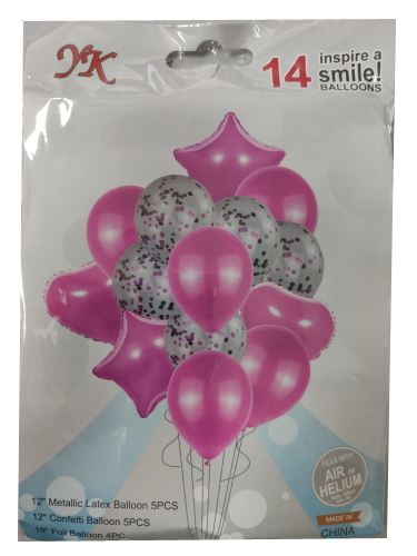 Набор шаров 'Розовое ассорти+конфети',14 шт. в наборе (4 фольгир.+5 латексных+5 конфетти),720