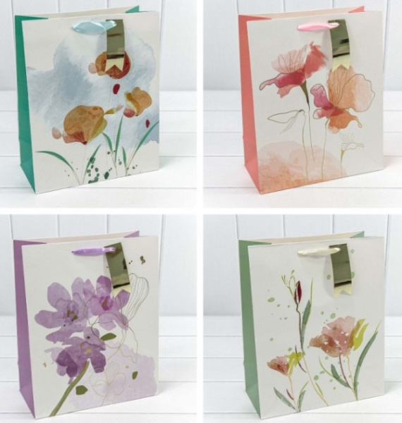 Пакет подарочный с тиснением 'Цветы акварель', микс 26х32х13, 000191С