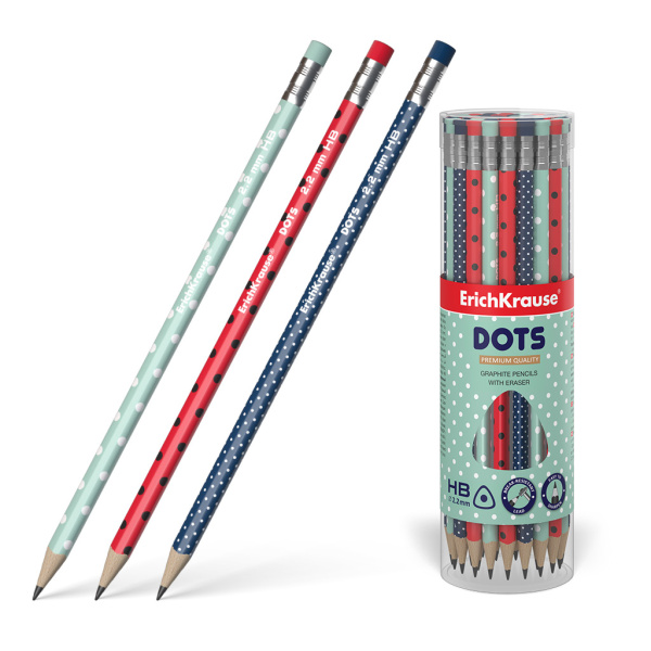 Карандаш черногафитный Erich Krause Dots HB c ласт., трехг., ассорти из 3 диз.,заточ., 56009