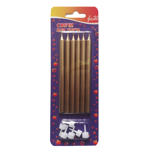Свечи для торта 'Fiesta', металлик (золото), 12,5 см, с подставками, (6 шт;уп), SC-6-01